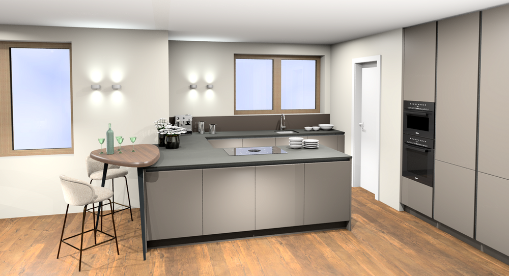 Moderne Küche mit grauer Kücheninsel, integriertem Kochfeld, Spüle unter Fenster und Holzfußboden