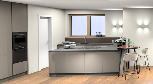 Moderne offene Küche mit schwarzer Treppe, Kücheninsel und großflächigen Fenstern mit Blick auf Außenbereich