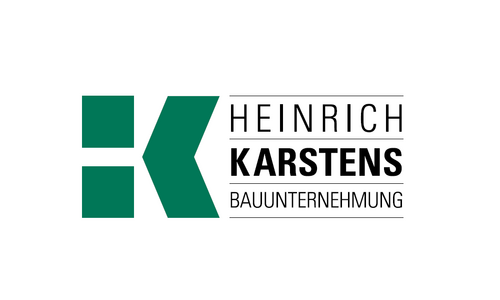 Logo der Heinrich Karstens Bauunternehmung mit grünem stilisiertem K und Firmenname in Großbuchstaben