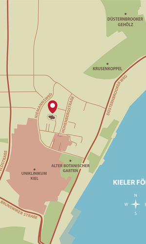 Karte zeigt Lage des Uniklinikums Kiel nahe Alter Botanischer Garten und Kieler Förde mit Straßen wie Niemannsweg und Düsternbrooker Weg